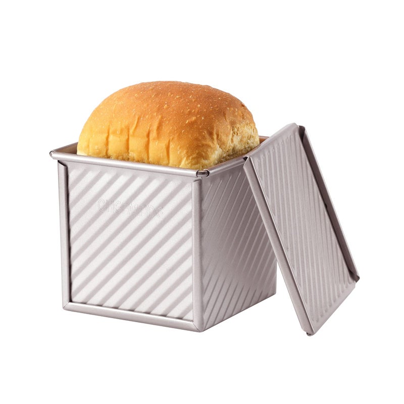 CHEFMADE Mini Pullman Loaf Pan with Lid, 0.55Lb Dough Capacity Non-Stick Rectangle Corrugated Toast Box for Oven Baking 3.9" x 3.9"x 3.9"(Champagne Gold) - Image 1